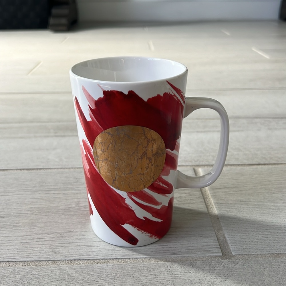 2014 STARBUCKS 16 oz Red Scribble Gold DOT Ceramic Coffee Mug Logo Grande